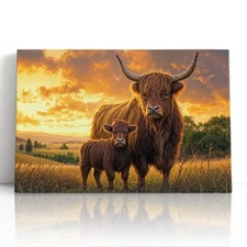 Highland Cow Canvas Print Wall Art – Rustic Farm Animal Home Decor Art Print