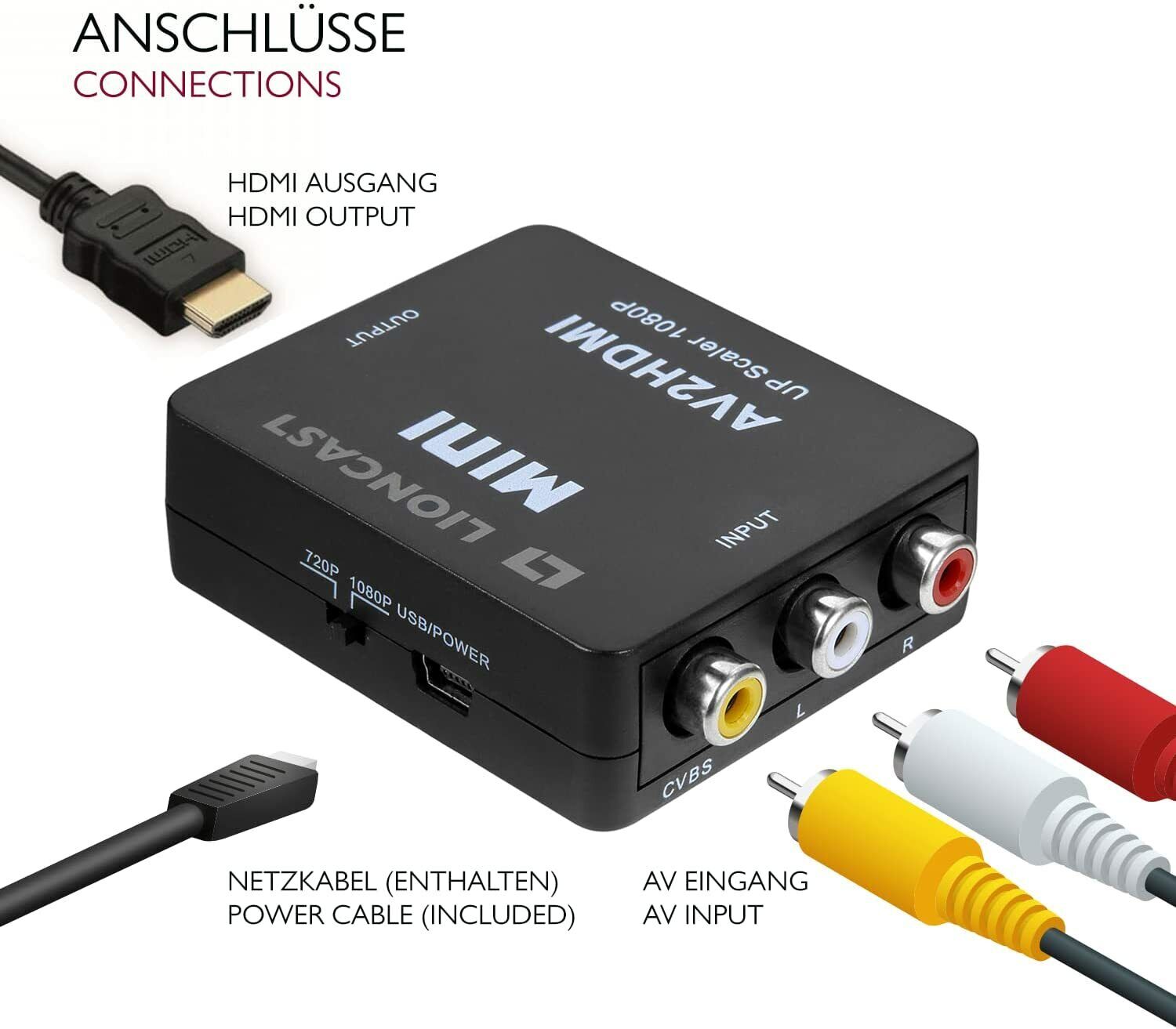 Lioncast RCA auf HDMI Adapter | AV 2 HDMI Konverter AV zu HDMI Adapter 