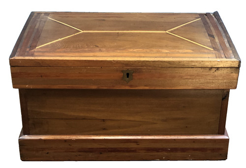 Antique Marquetry 20" x 12" Wooden Merchant's Chest Lock Box Tool Box Trunk