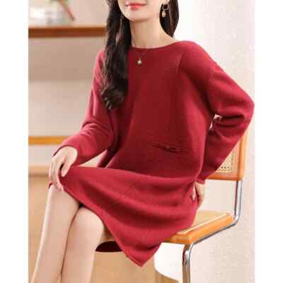 100% Pure Wool Sweater Womens Thick Round Neck Cocoon Loose Long Skirt Dress