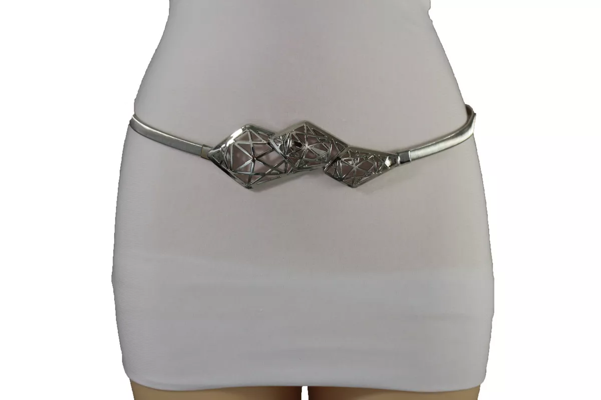 Women Elastic Silver Metal Band Narrow Fashion Belt Long Geometric Buckle S M