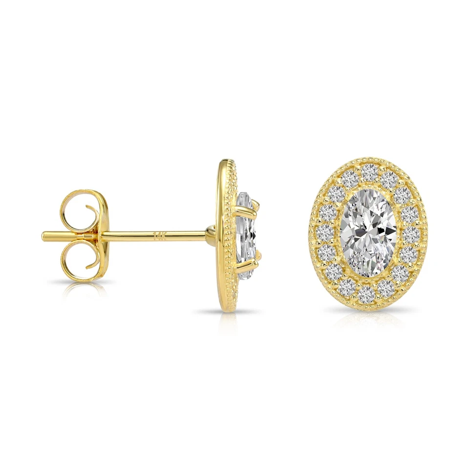 Aretes para dormir de circonita cúbica con halo de forma ovalada de oro amarillo macizo real de 14K Foto 4 de 4