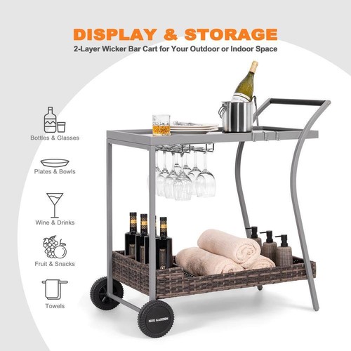 Nuu Garden Serving Cart 31.9" x 37" Wheels w/ 2 Wine Racks + 3 Hooks Gray - Picture 8 of 9