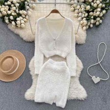 Damen Komplettkleid Set Anzug Pullover Kurze Rock Fuffy Weiß GIPSY 79303