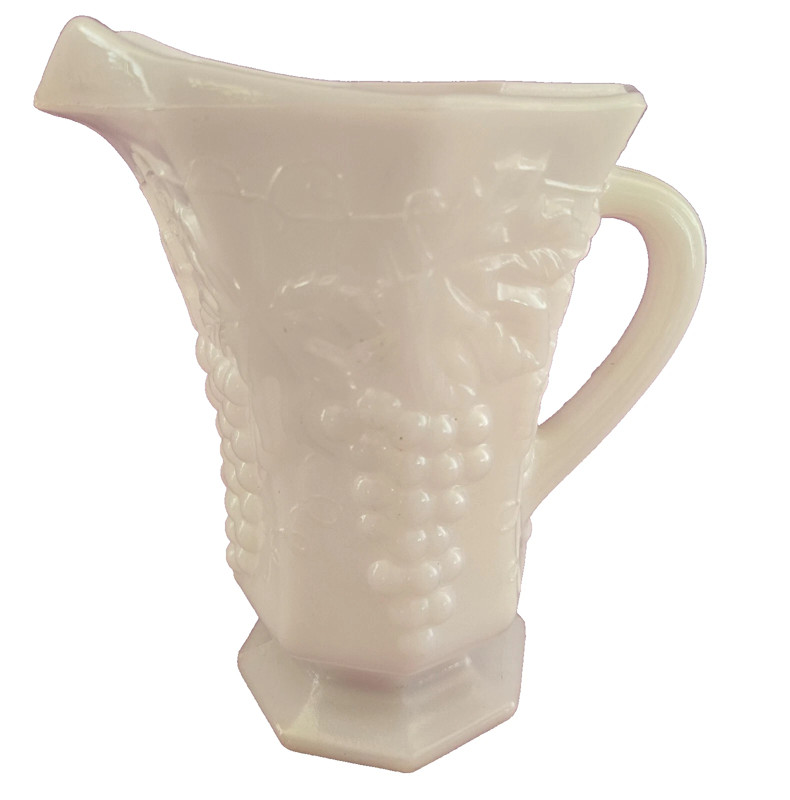 Vintage Anchor Hocking Milk Glass Pitcher Embossed Grapes Vines Leaves White 7in