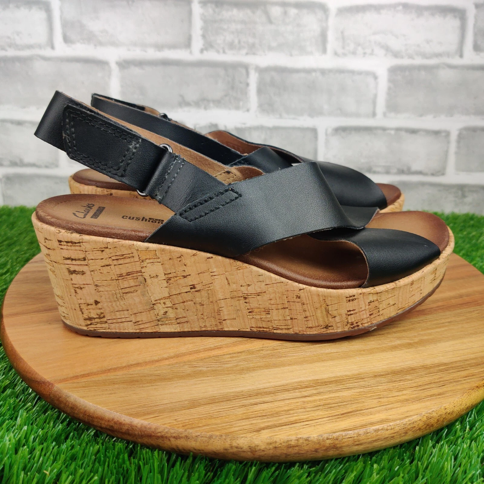 Sandalo donna Clarks Annadel Eirwyn taglia 8 5 nero sughero zeppa platfrom slingback
