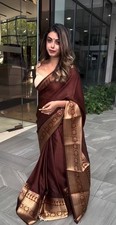 Maroon Gold Wedding Saree Indian Jacquard Work  Contrast Blouse Bollywood Style