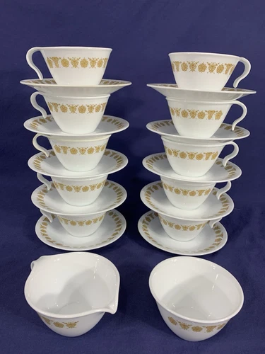 Set of 10 CORELLE BUTTERFLY GOLD Coffee, Tea Cups w/Saucers + CREAMER SUGAR BOWL