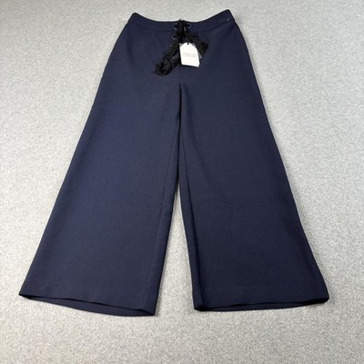 English Factory Pants Women Small Blue Wide Leg Cropped Lace Up Stretch Sailor