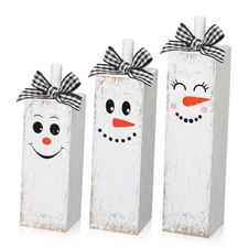  3 Pcs Winter Table Decorations Christmas Wooden Block Signs Rustic Snowman