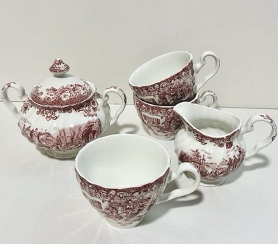 Vintage rot & weiß Transferware Teeservice - Zuckerdose, Milchkännchen & 3 Tassen - England