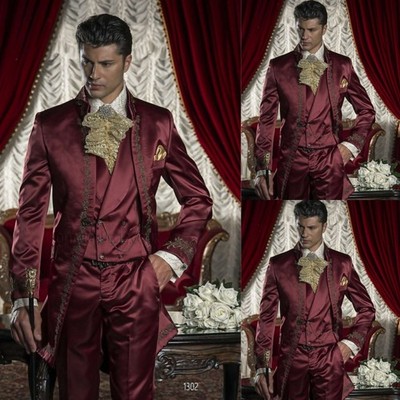 Burgundy Silk Satin Men's Suits Embroidery Formal Wedding Prom Prince Men Tuxedo
