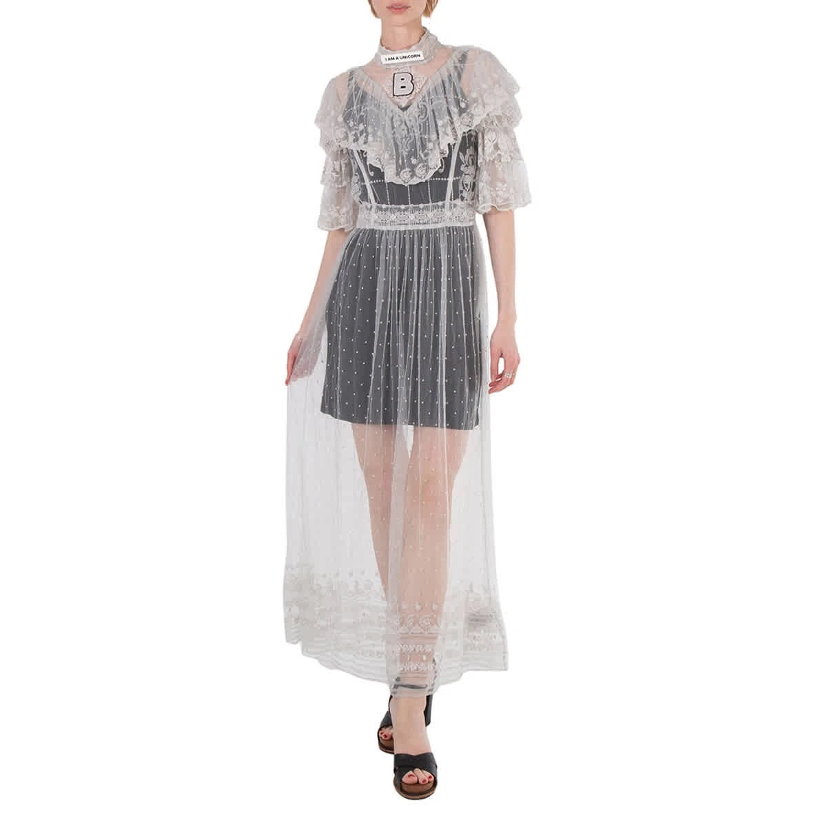 Abito lungo in pizzo Burberry da donna grigio ciottolo chiaro marca taglia 6 (taglia USA 4)