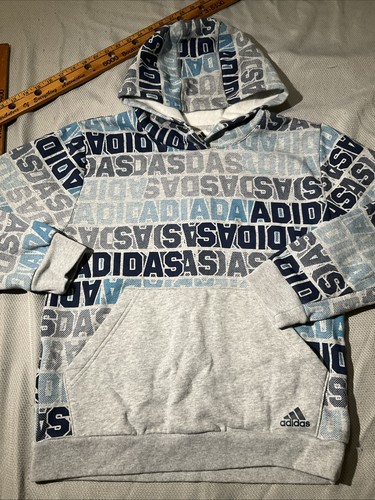 Adidas Hoodie Youth Boys XL Gray Pullover Spellout AOP Kangaroo Pocket - Picture 3 of 10