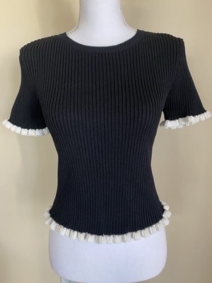 English Factory M Black Knit Pullover Top White Ruffle Trim Cottage NWT