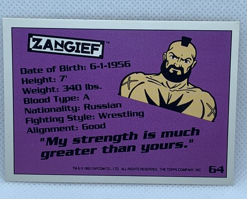 Tarjetas coleccionables de colección Street Fighter 2 II 1993 Topps ZANGIEF #64 Capcom Video GM - Imagen 2 de 3