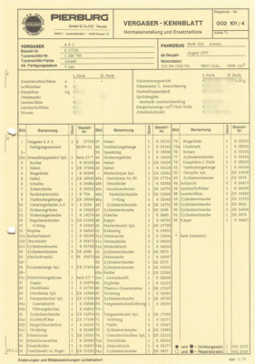Einstelldaten Datenblatt Ersatzteilliste Solex 4A1 Vergaser BMW 525 - E17703