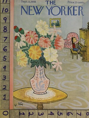 1958 NEW YORKER VINTAGE COVER STEIG FLOWER PIANO CHILD MUSIC BOUQUET NYI30