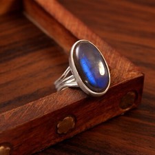 925 Sterling Silver Ring For Her Blue Labradorite Gemstone Oval Silver Ring
