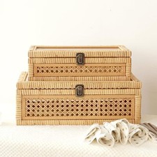 Rattan and Cane Stacking Boxes with Glass Top Lid - Set of 2 for Boho,