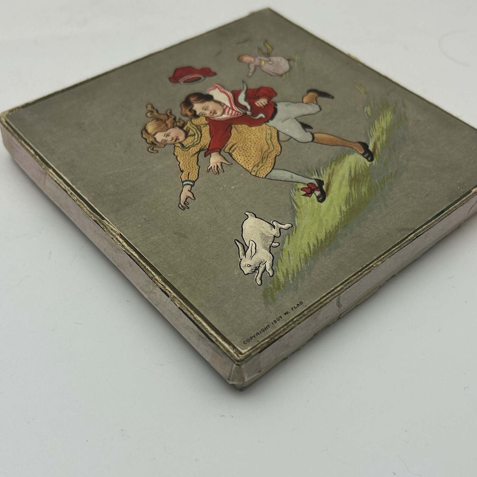 Antique Handkerchief In box Edwardian illustrated 1907 unused Christmas gift