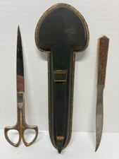 Vintage Engraved Scissors and Letter Opener Set with Case