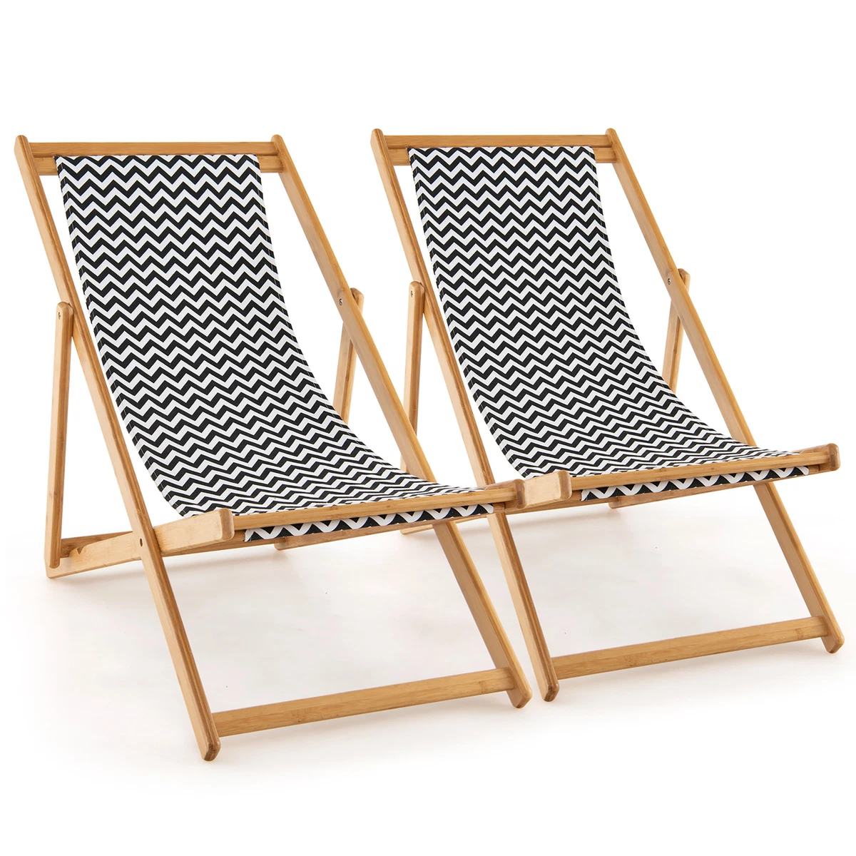 2PCS Foldable Patio Sling Chair w Solid Bamboo Frame Breathable