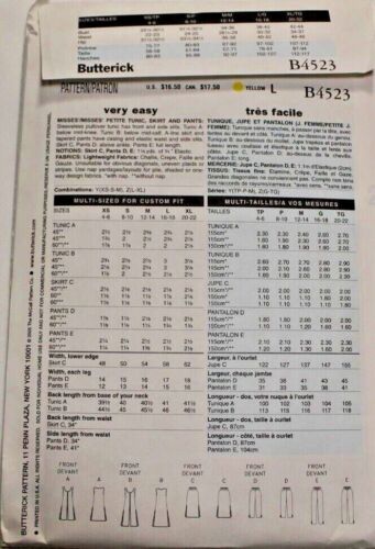 Butterick 4523 Misses Tunic Skirt & Pants Sewing Pattern L-XL (16-18-20-22) - Picture 2 of 2