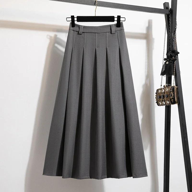 Casual High Waist Slim A-line Long Pleated Skirts Korean Streetwear Fashion Offi