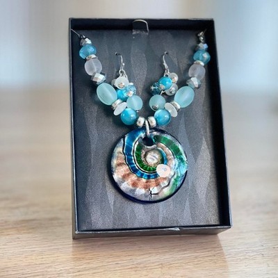 Beaded Necklace and Earrings Set Blue Green Silver Art Glass Pendant Jewelry