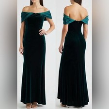 NEW ELIZA J Off the Shoulder Satin & Velvet Hunter Green Mermaid Gown Sz 4