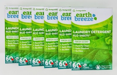 Lot of 6 Earth Breeze Fresh Scent 60 Loads Laundry Detergent Eco Sheets 30 Count
