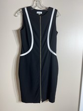 CALVIN KLEIN size 8 BLACK WHITE FULL ZIP FRONT SLEEVELESS SHEATH DRESS EUC