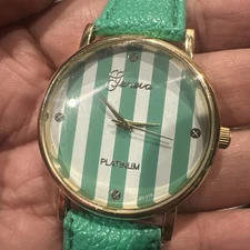 Working Geneva Platinum Green Stripe Watch Gold Tone Green Band New Battery 38mm