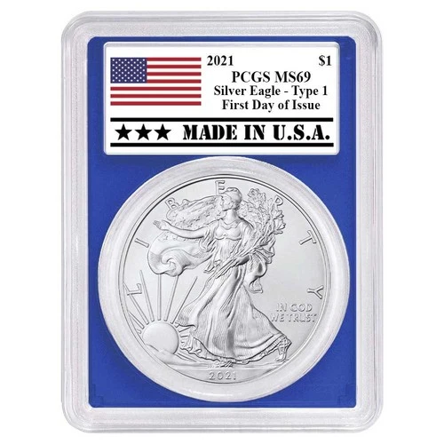 2021 $1 Type 1 American Silver Eagle PCGS MS69 FDOI Made in USA Label Blue Frame