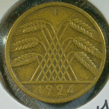 WORLD COIN SALE--1924-F  GERMANY  10 RENTENPFENNIG--ALUMINIUM BRONZE COIN-KM# 33