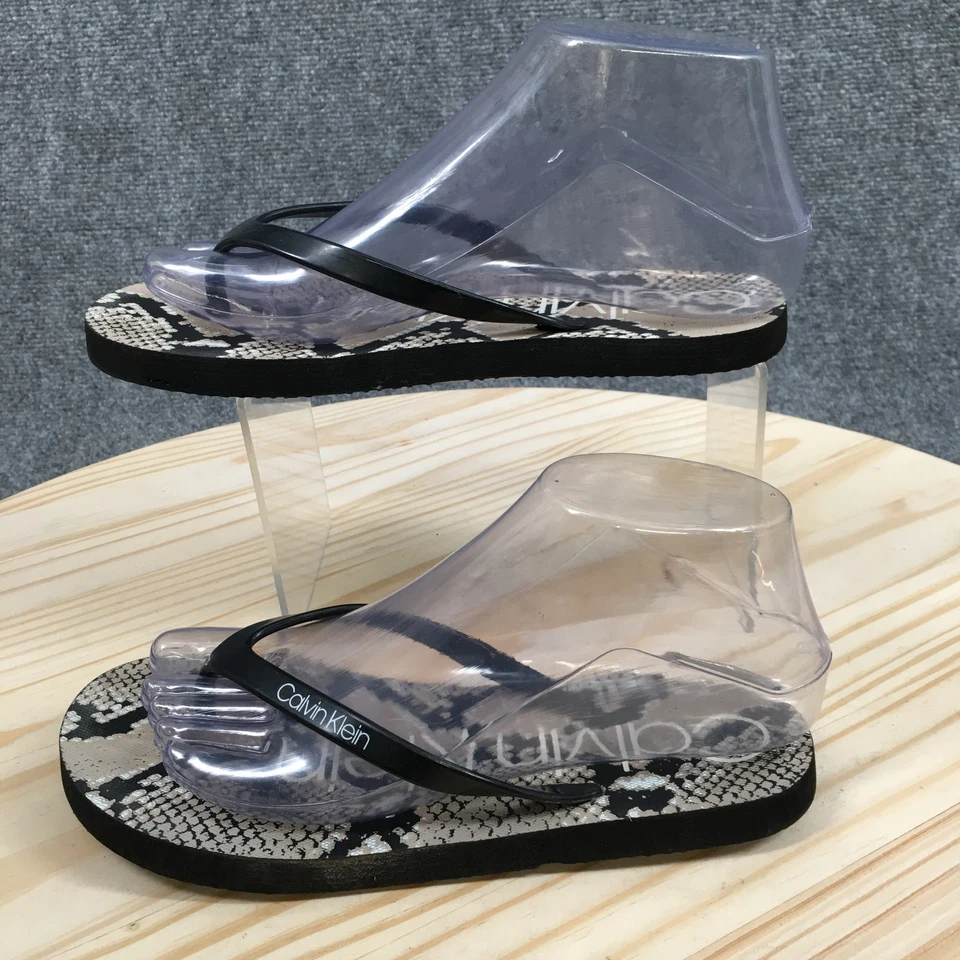 Calvin Klein Sandals Womens 6 Sanica Snake Print Slip On Flip Flops Black Gray - Image 2 of 4
