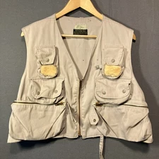 Vintage 1970s LL Bean Mens Fly Fishing Vest Size XL Beige Canvas Distressed Zip