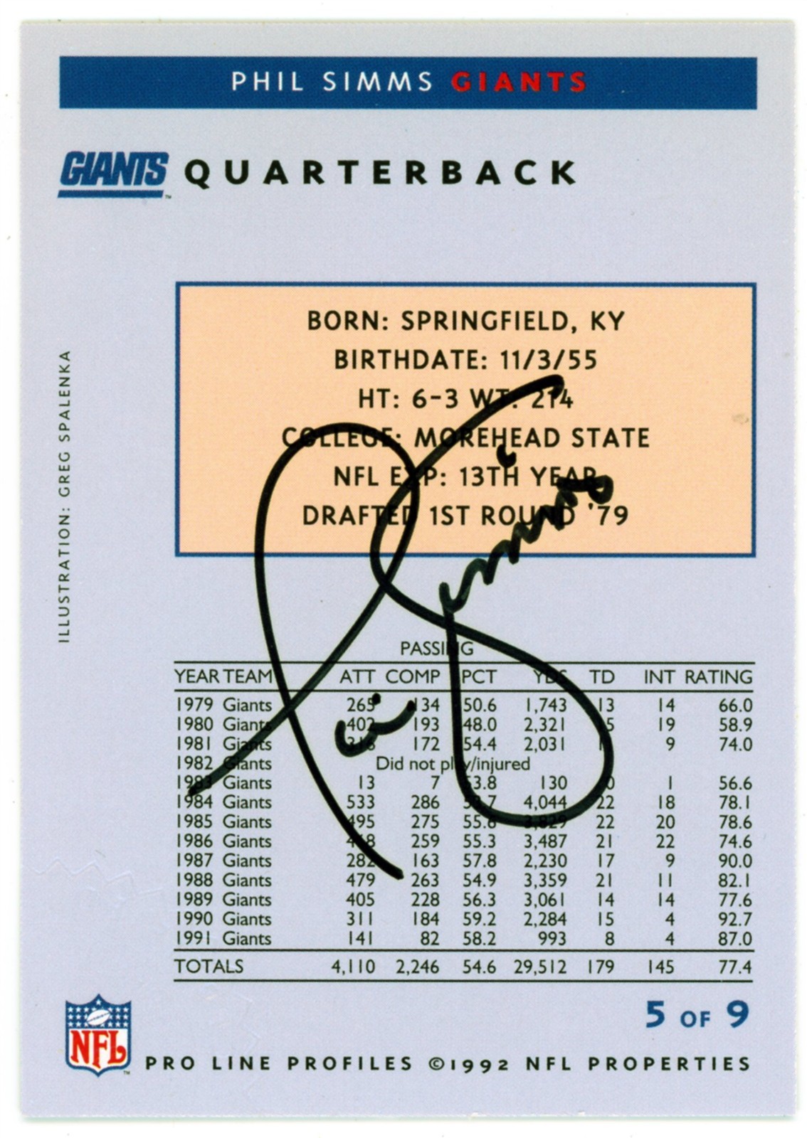 1992 Pro Line Profile Phil Simms - New York Giants Autograph 5/9