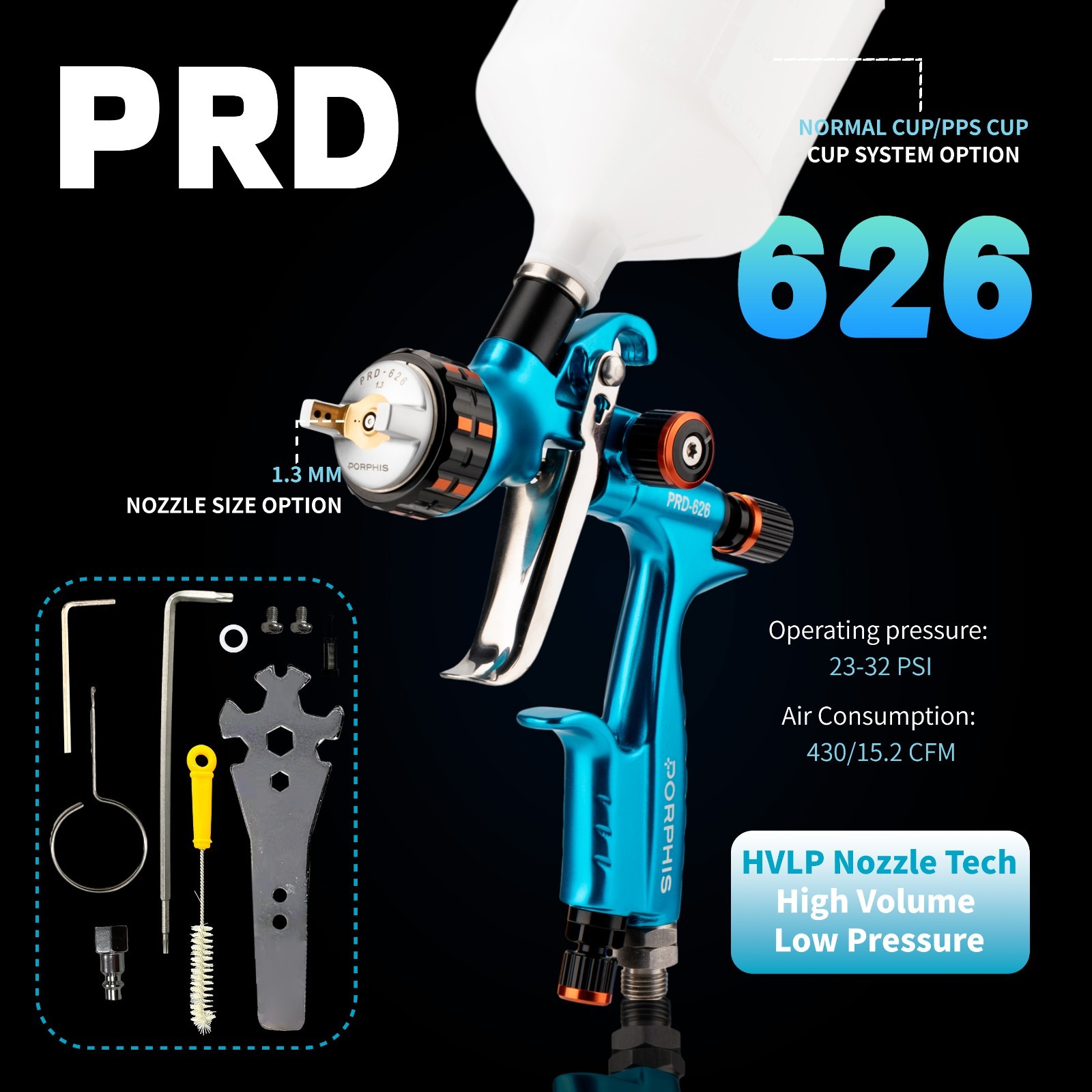 PORPHIS PRD-626 HVLP Type 1.3mm Automotive Spray Gun, Blue