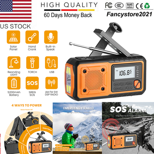 Emergency Solar Hand Crank Weather Radio 5200mAh Power Bank Charger Flash Light