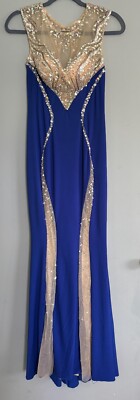 Dave & Johnny Royal Blue Long Dress w/ Beaded Trim Formal Prom Dress Gown Size 4