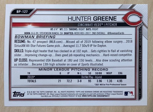 HUNTER GREENE - 2021 Bowman Prospects Baseball #BP-127 - CINCINNATI REDS - Picture 2 of 2