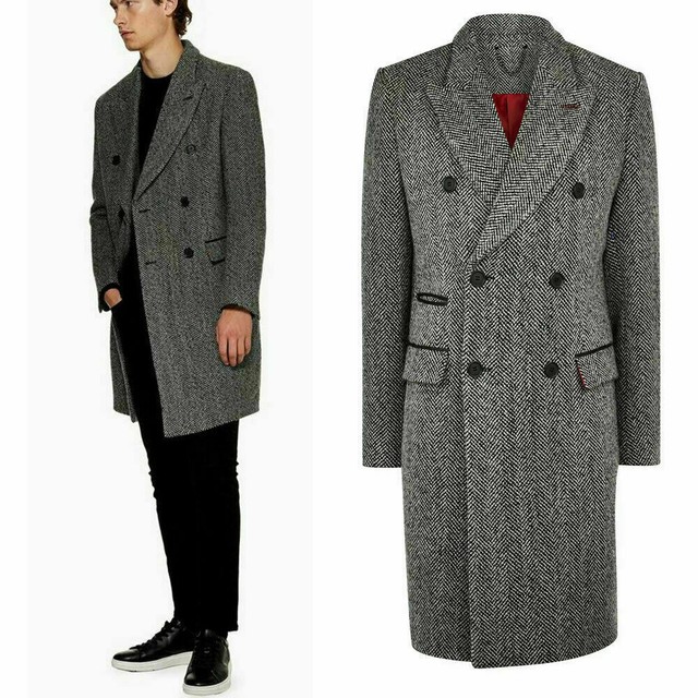 Men's Gray Herringbone Long Overcoat Wool Blazer Double breasted Peak