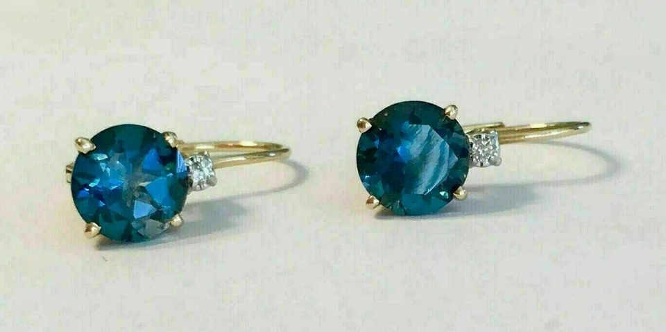 2Ct Round Cut London Blue Topaz Drop/Dangle Earrings 14k Yellow Gold Over - Image 3 of 4