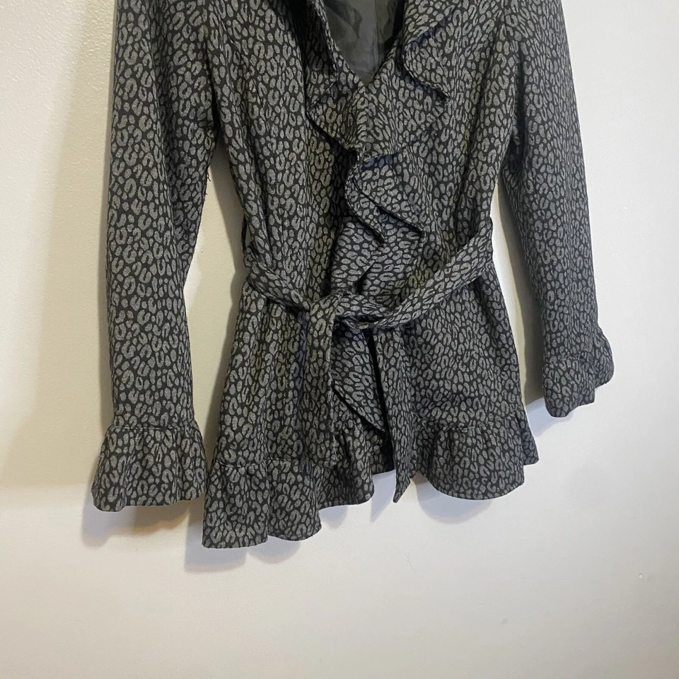 Sandro Studio 夹克女式小号灰色黑色豹纹荷叶边腰带针织 — 第 3/4 张图片