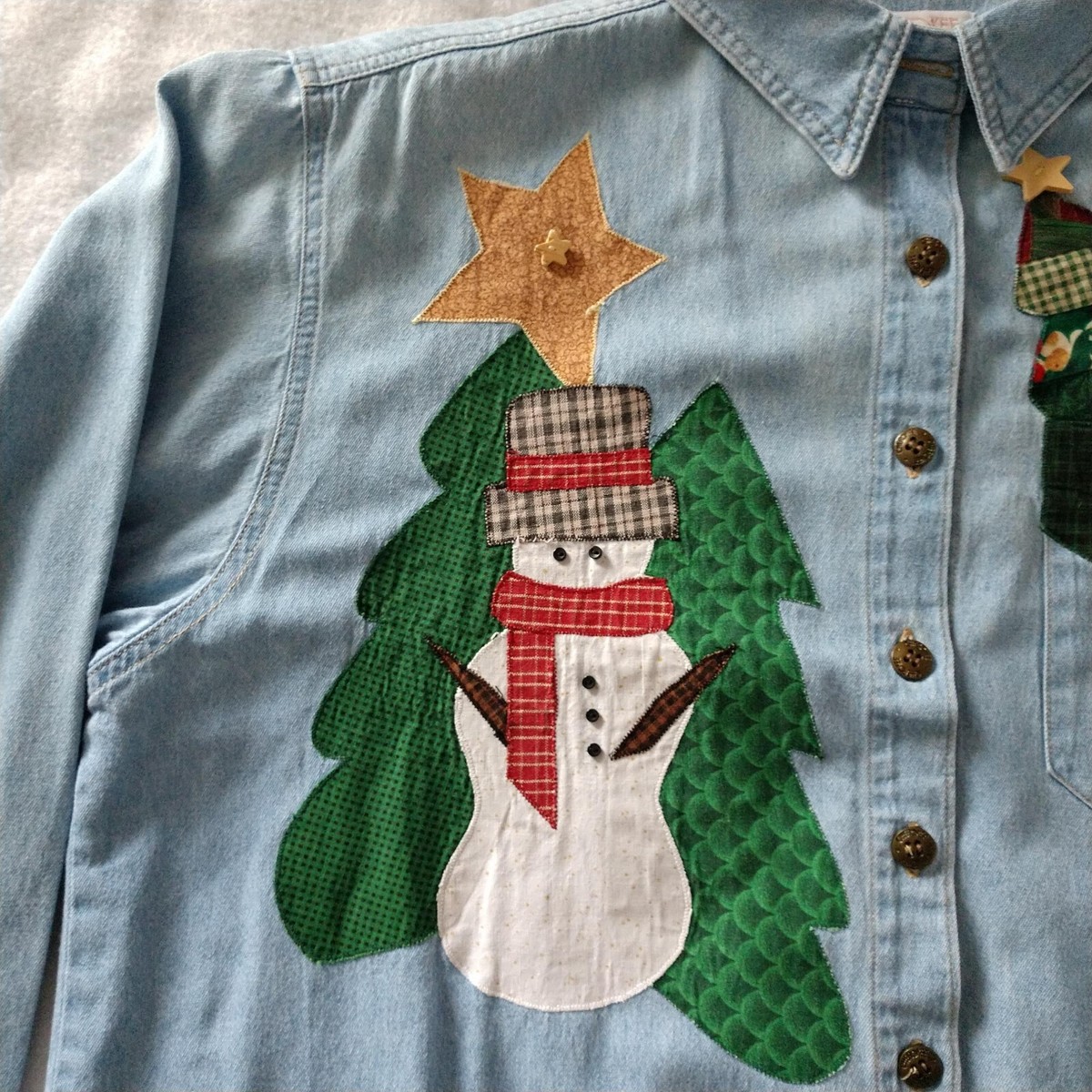 Cherokee Denim Shirt Women 18W Blue With Snowman Patch