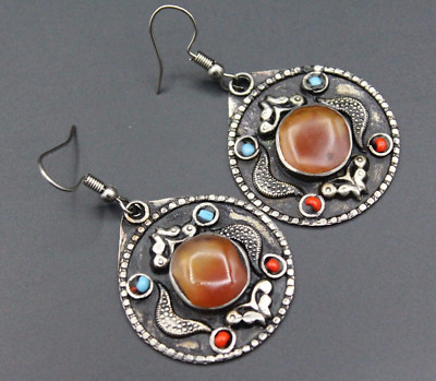 Vintage Uzbek Traditional Alpaka Earrings, Carnelian Stones Round Earrings