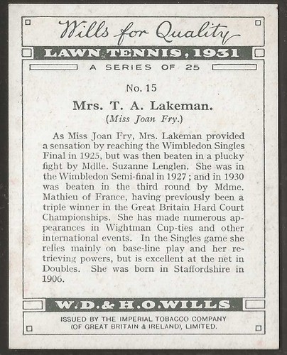 WILLS-LAWN TENIS 1931-#15- SEÑORA LAKEMAN  - Imagen 2 de 2