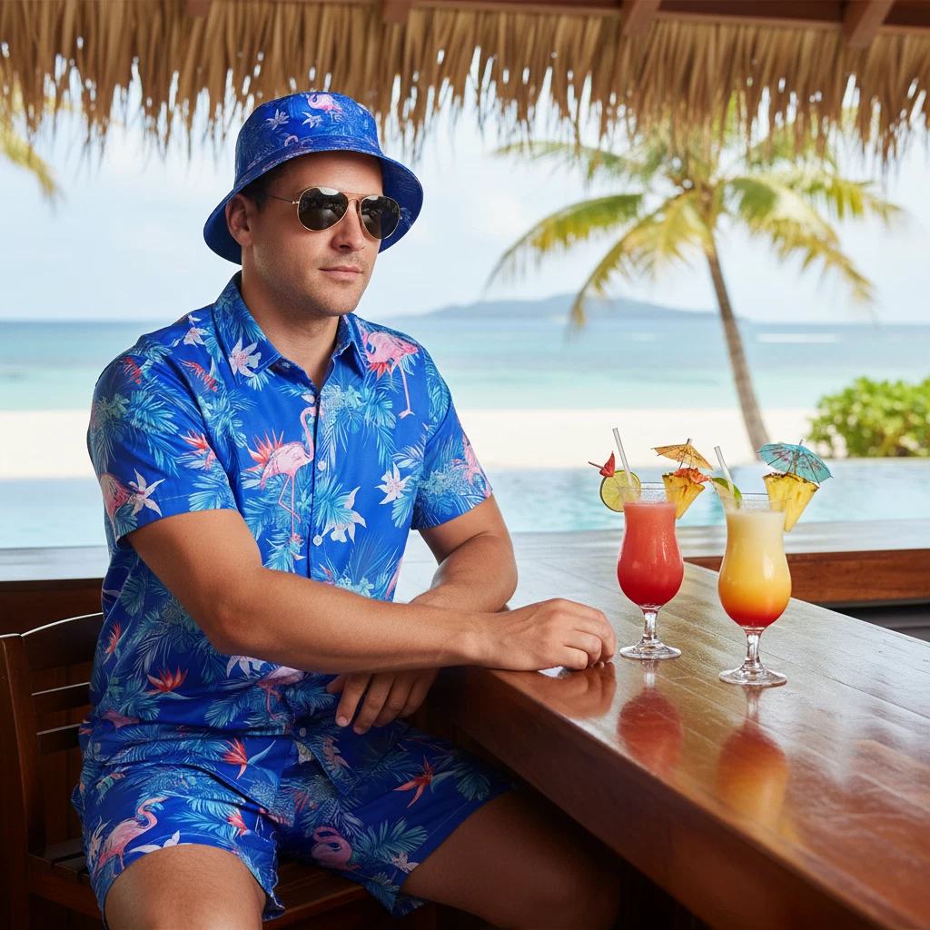 Men's Hawaiian Shirt & Shorts Set with Bucket Hat & Sunglasses Summer Beachwear